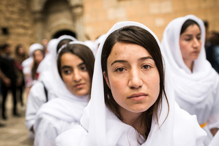 18/04/2017 - Lalish, iraq: A group of women freed from ISIS imprisonment are led by the NGO Yazda through Lalish at the day of Yazidi New Year. Many young women who were captured by ISIS during the 3rd August 2014 attacks were taken to Raqqa and Mosul and sold as slaves among IS members.